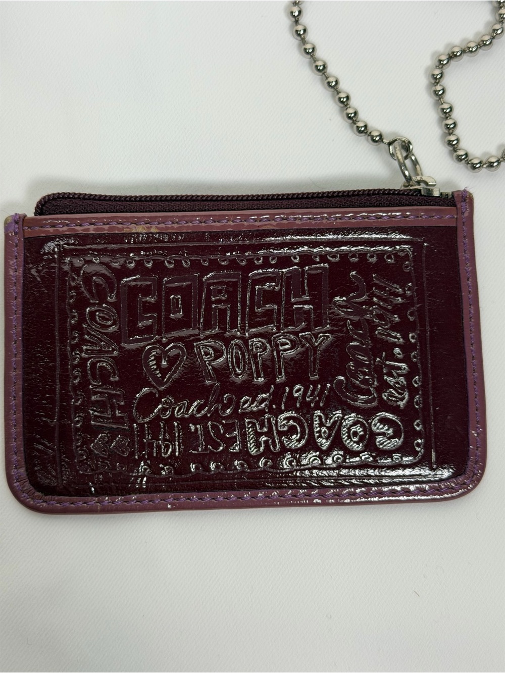 COACH Y2K Poppy Patent Leather  Coin & Card Case - Deep Plum with Wrist chain !